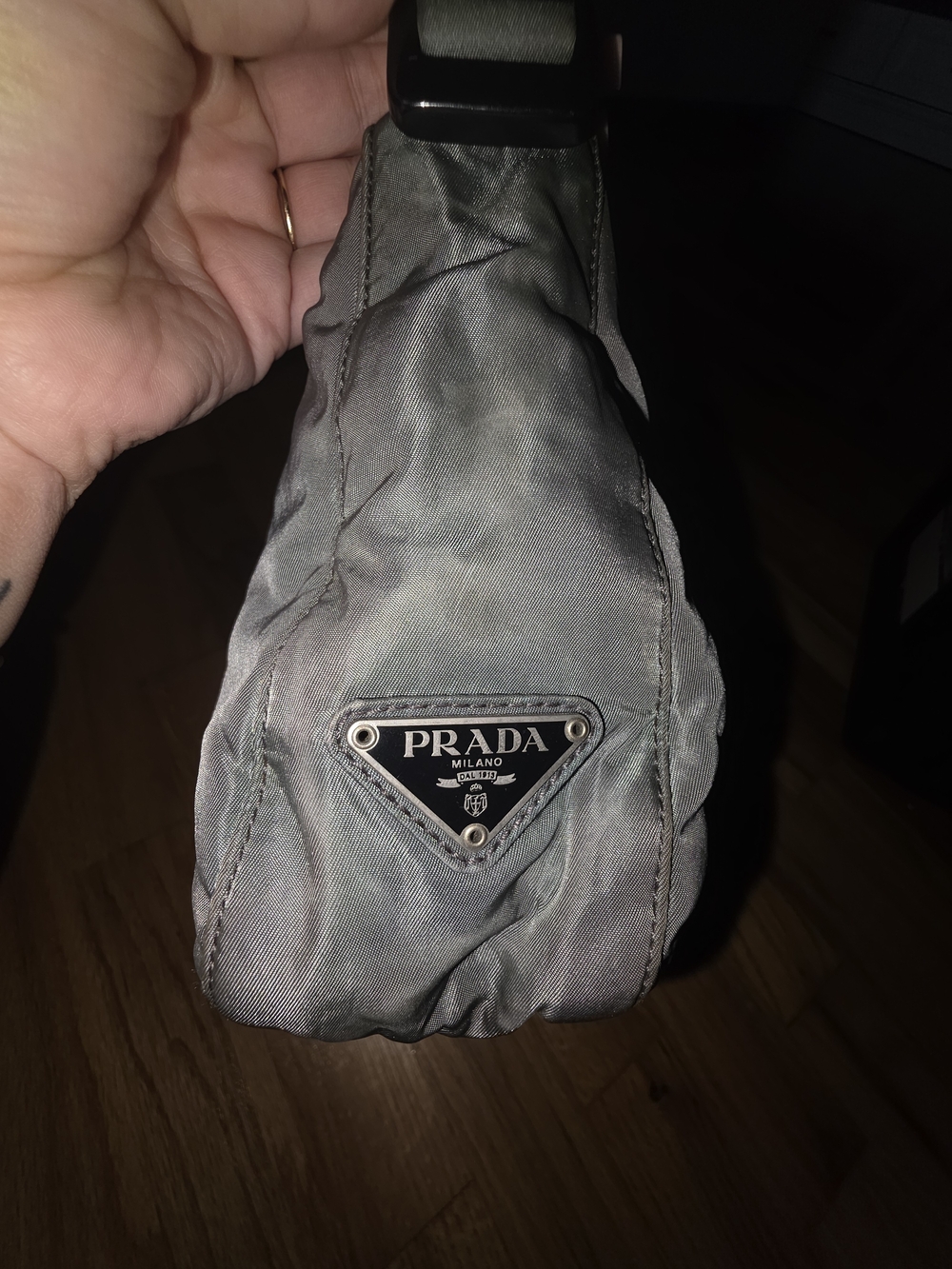 Prada Gray Nylon Shoulder Bag - Prada Milano Logo